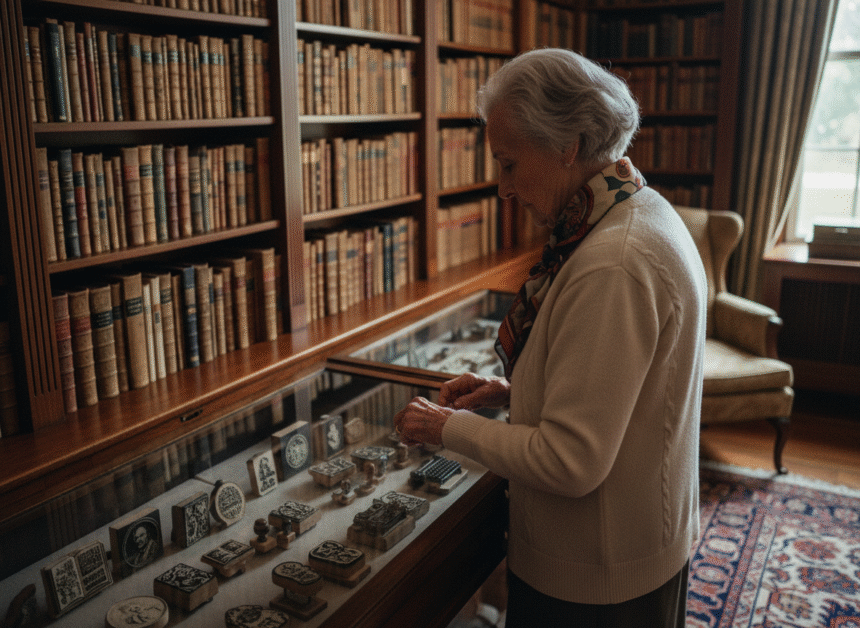Femme âgée examinant des tampons encreurs vintage dans un bureau chaleureux