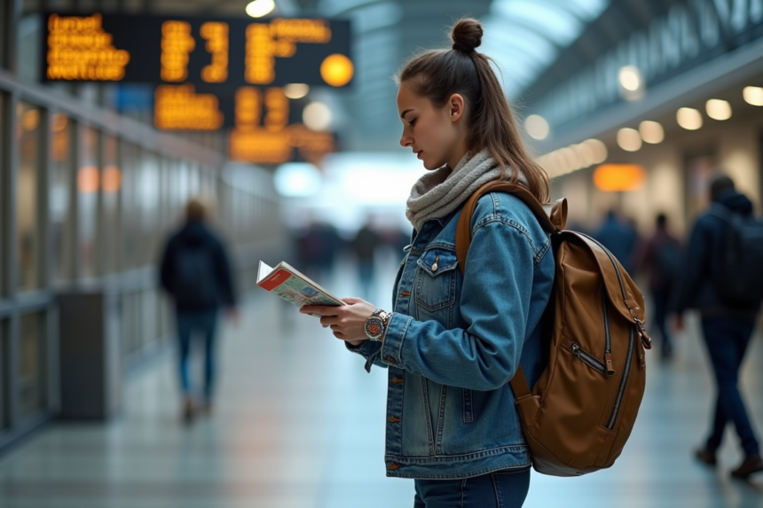 Femme en denim et sac à la gare en voyage