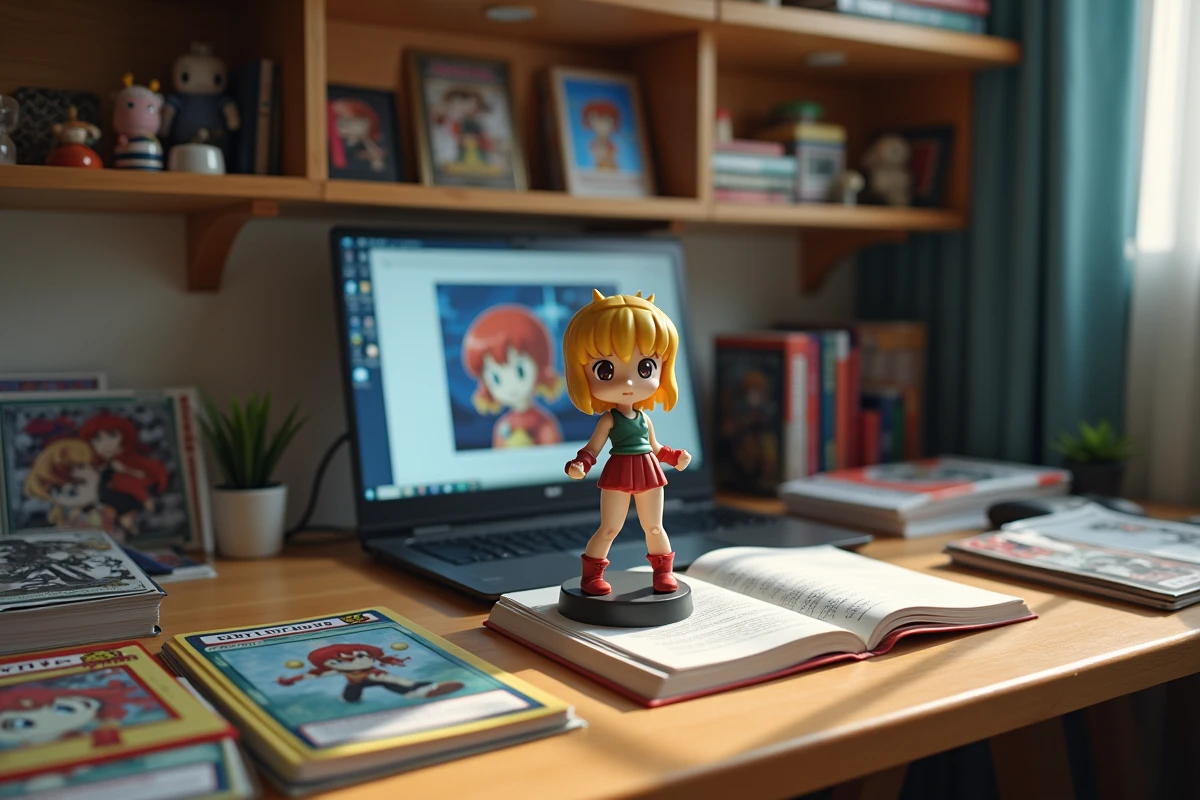 Bureau de collectionneur anime avec figurine Biscuit Krueger de Hunter x Hunter entourée de mangas et cartes à échanger