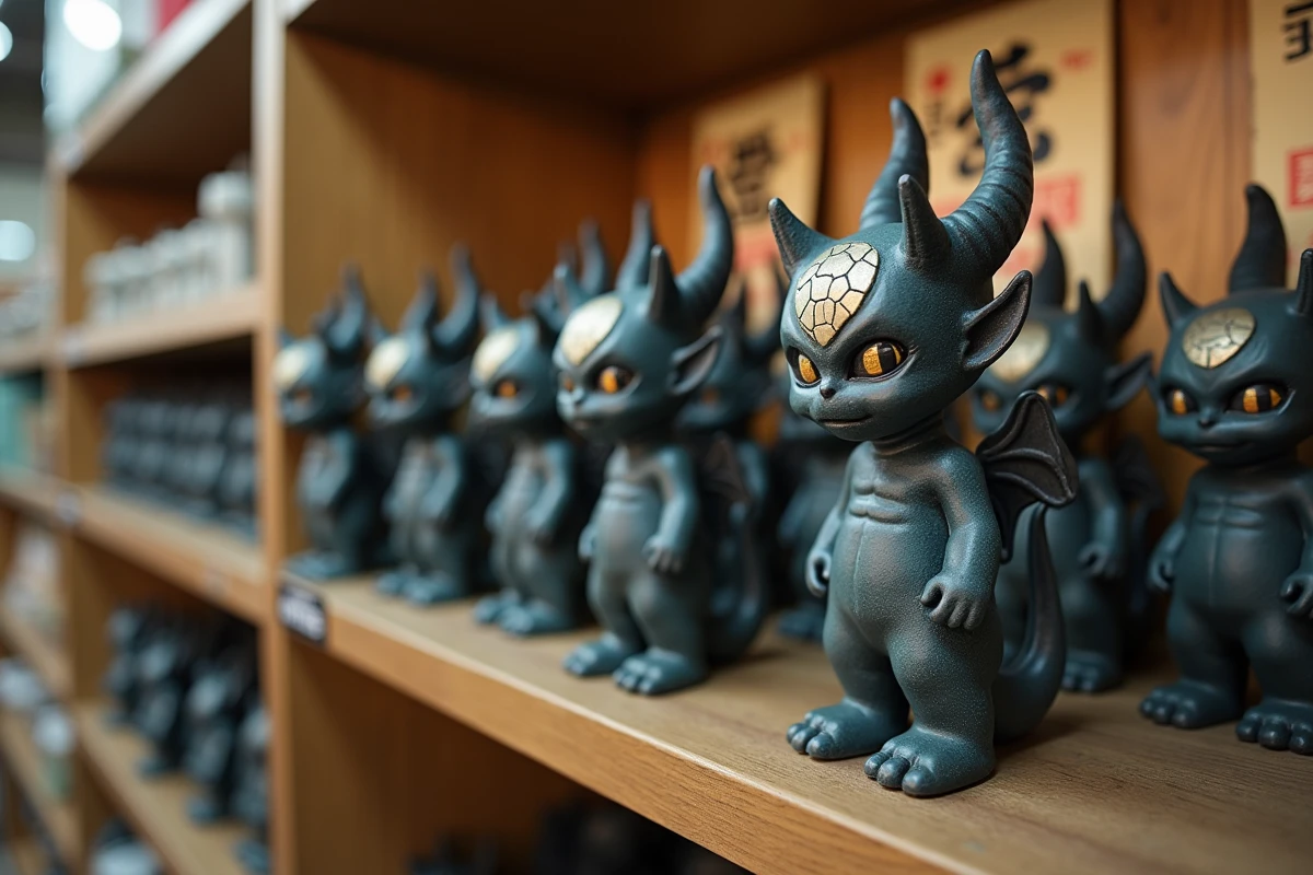 Vitrine de figurines de Lunes démoniaques de Demon Slayer dans une boutique d'anime à Tokyo avec détails sculptés précis