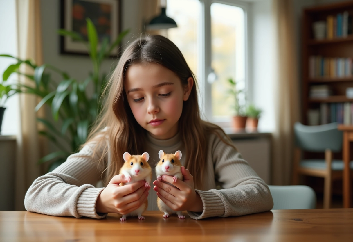 Adolescente observant deux hamsters dans un salon chaleureux
