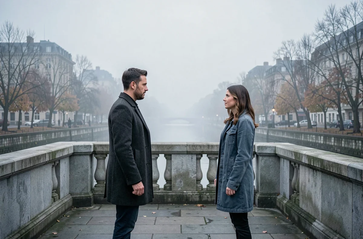 Couple séparé sur un pont brumeux symbolisant l'épreuve et le rapprochement des flammes jumelles