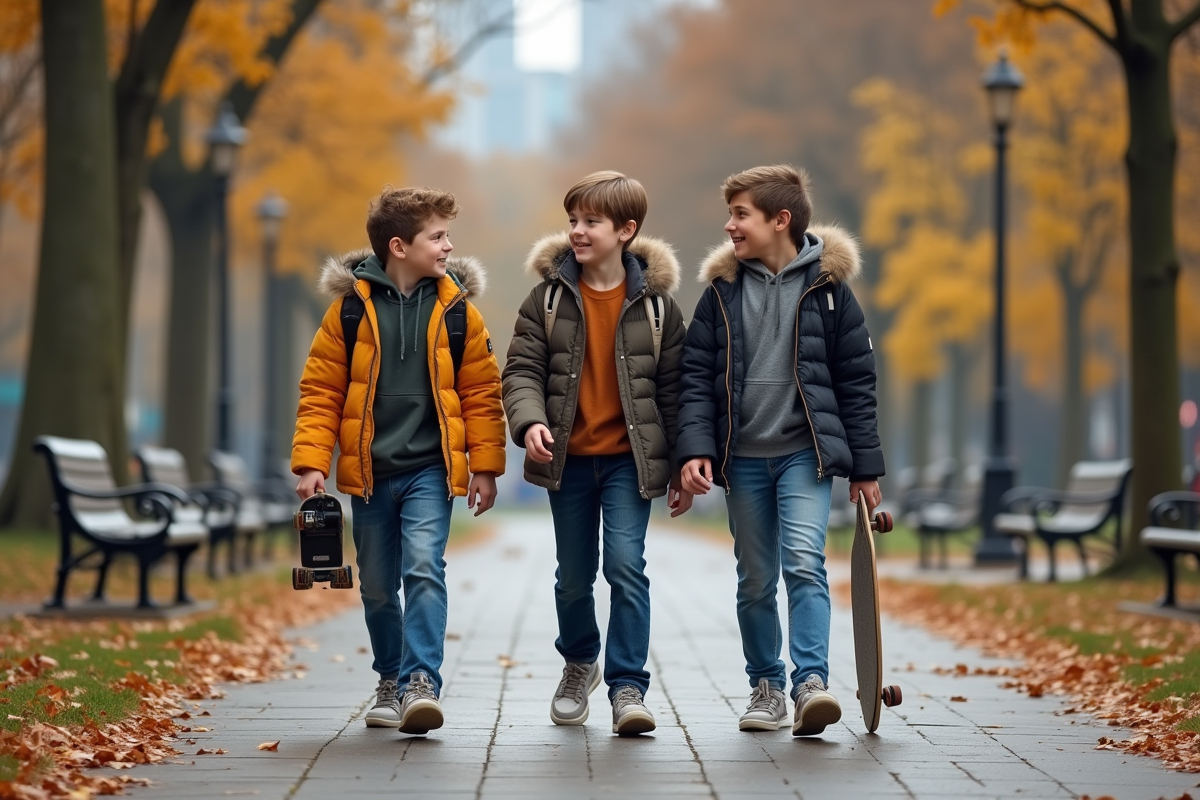 Freres et soeur se promenant dans un parc en automne