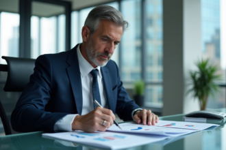 Gestionnaire financier en costume analysant des graphiques