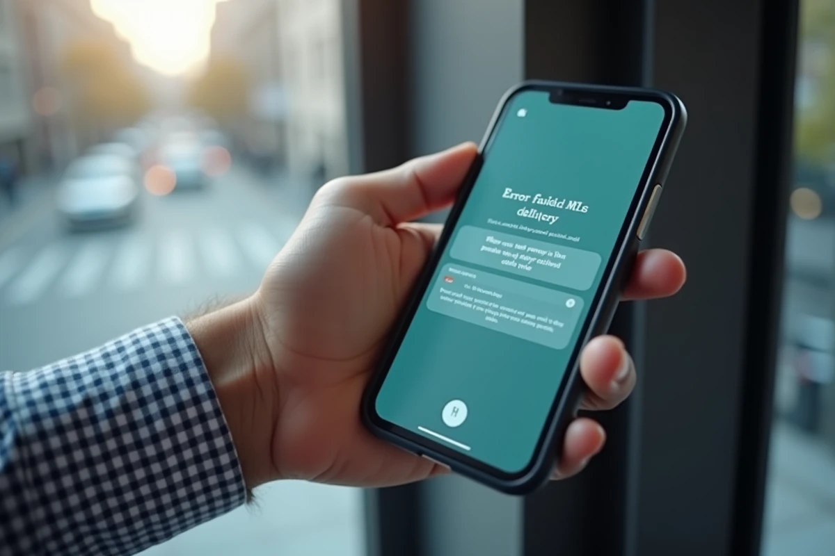 Gros plan d'un écran Android affichant une erreur d'envoi de SMS avec icône de message bloqué