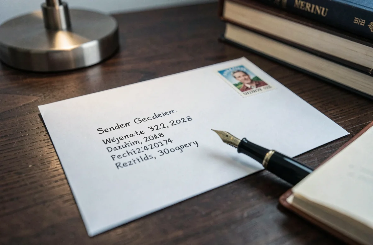Gros plan sur une enveloppe blanche avec adresse postale manuscrite, timbre et stylo plume sur bureau en bois