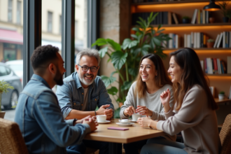 Groupe diversifié de personnes dans un café convivial
