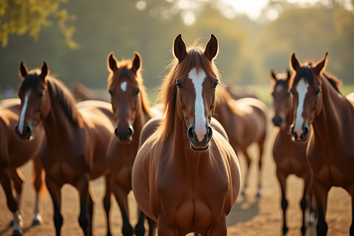Groupe de chevaux dans un paddock bien éclairé