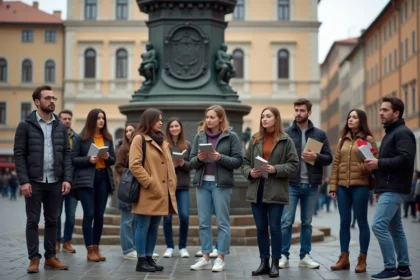 Groupe diversifié autour d'un monument historique en ville