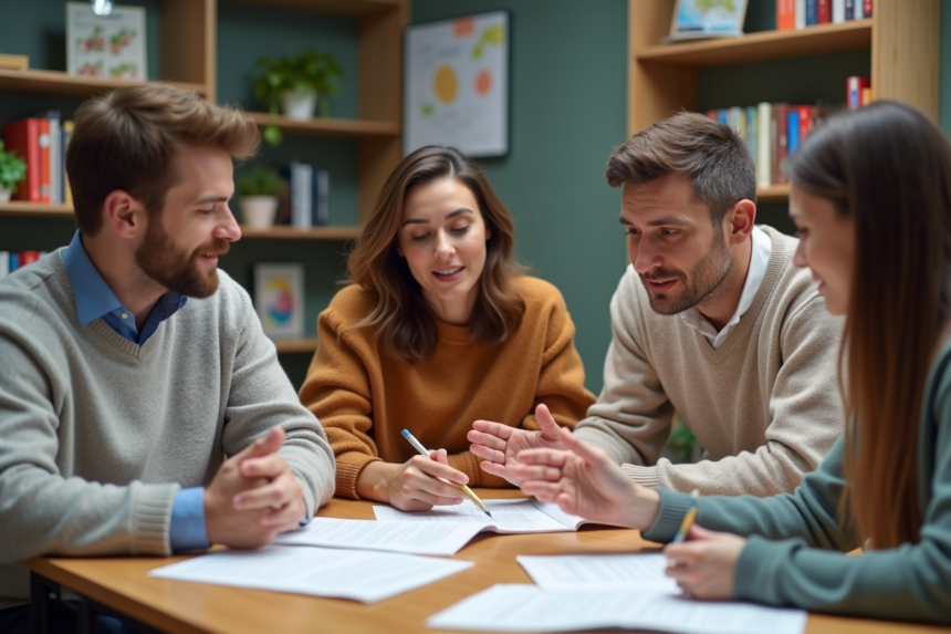 Groupe d'adultes en formation en discussion animée