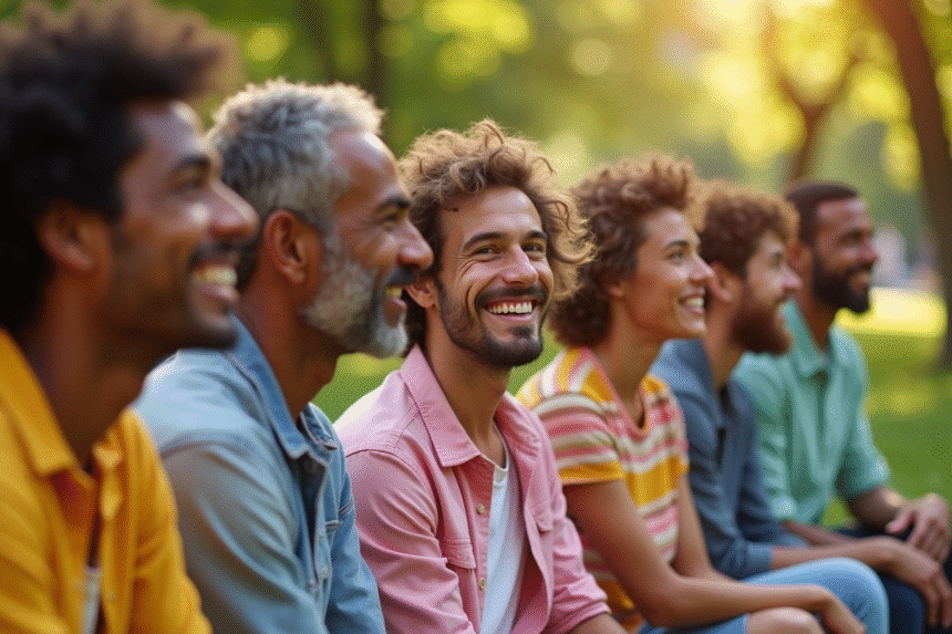 Groupe divers d'amis dans un parc ensoleille