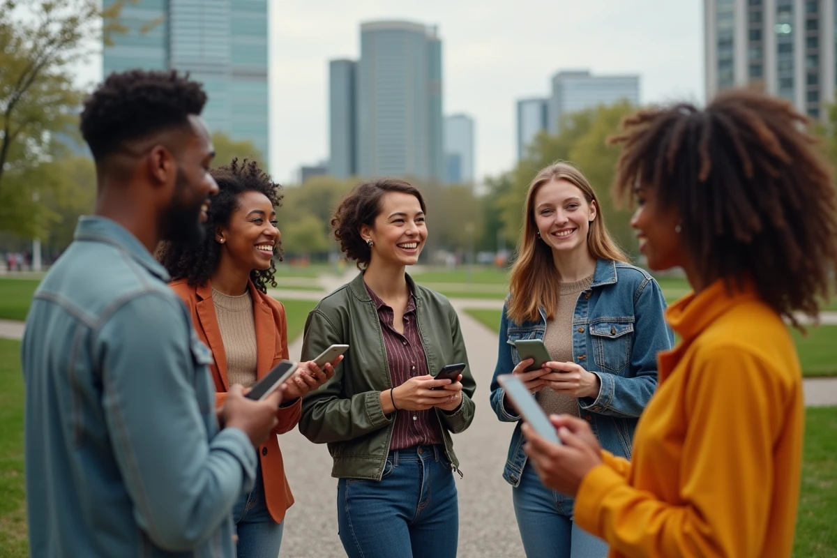 Groupe de jeunes fans de musique partageant playlists en plein air