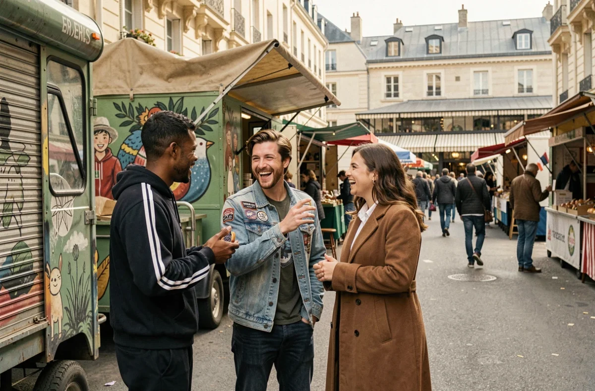 Groupe de jeunes autour d'un food truck dans un marché de rue d'un faubourg parisien, scène de culture urbaine authentique