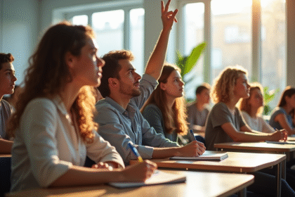 Jeunes adultes attentifs en classe lumineuse