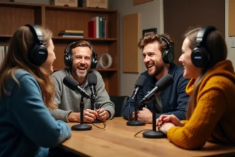 Groupe d'adultes enregistrant un podcast dans un studio chaleureux
