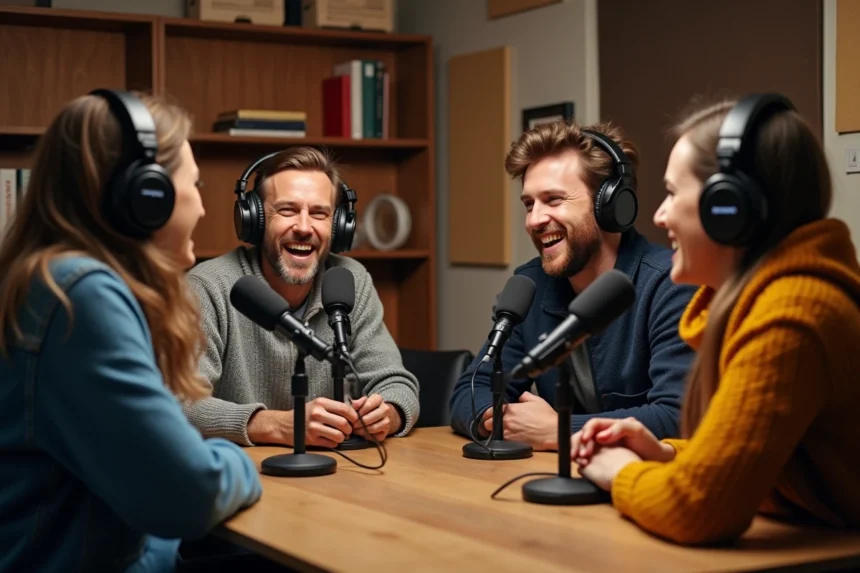 Groupe d'adultes enregistrant un podcast dans un studio chaleureux
