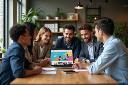 Groupe de jeunes et adultes en coworking autour d'un ordinateur