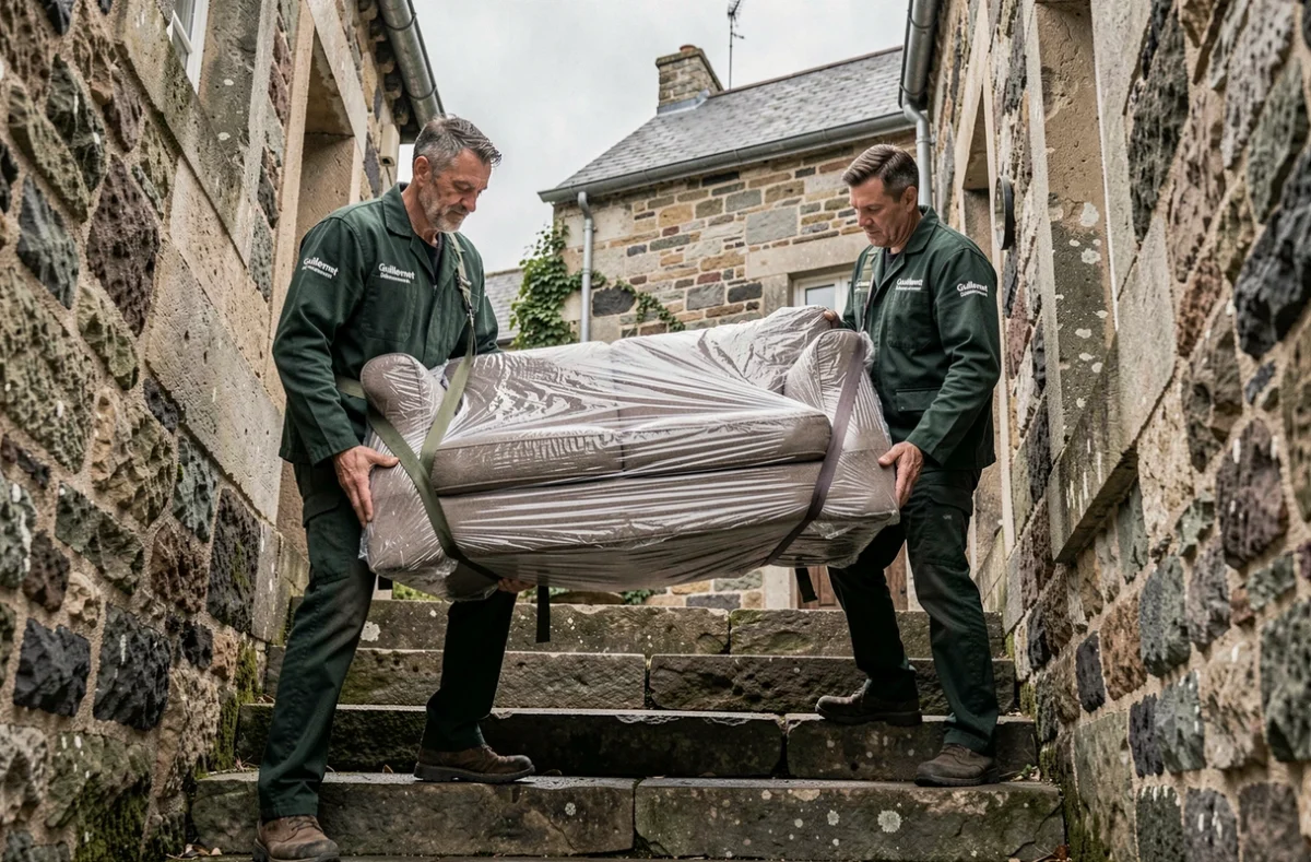 Deux déménageurs Guillemet portant un canapé dans un escalier extérieur en pierre à Cherbourg