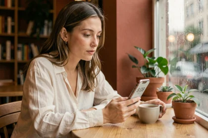 Femme regardant l'heure miroir 8h08 sur son téléphone dans un café, symbole de flamme jumelle et connexion spirituelle