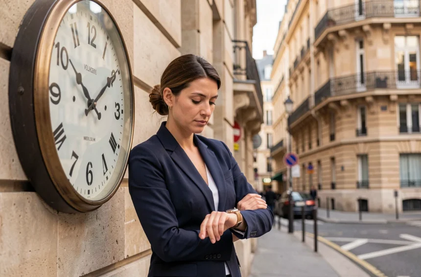 Femme parisienne regardant sa montre devant une horloge murale à Paris, symbolisant le décalage horaire entre La Réunion et la France métropolitaine
