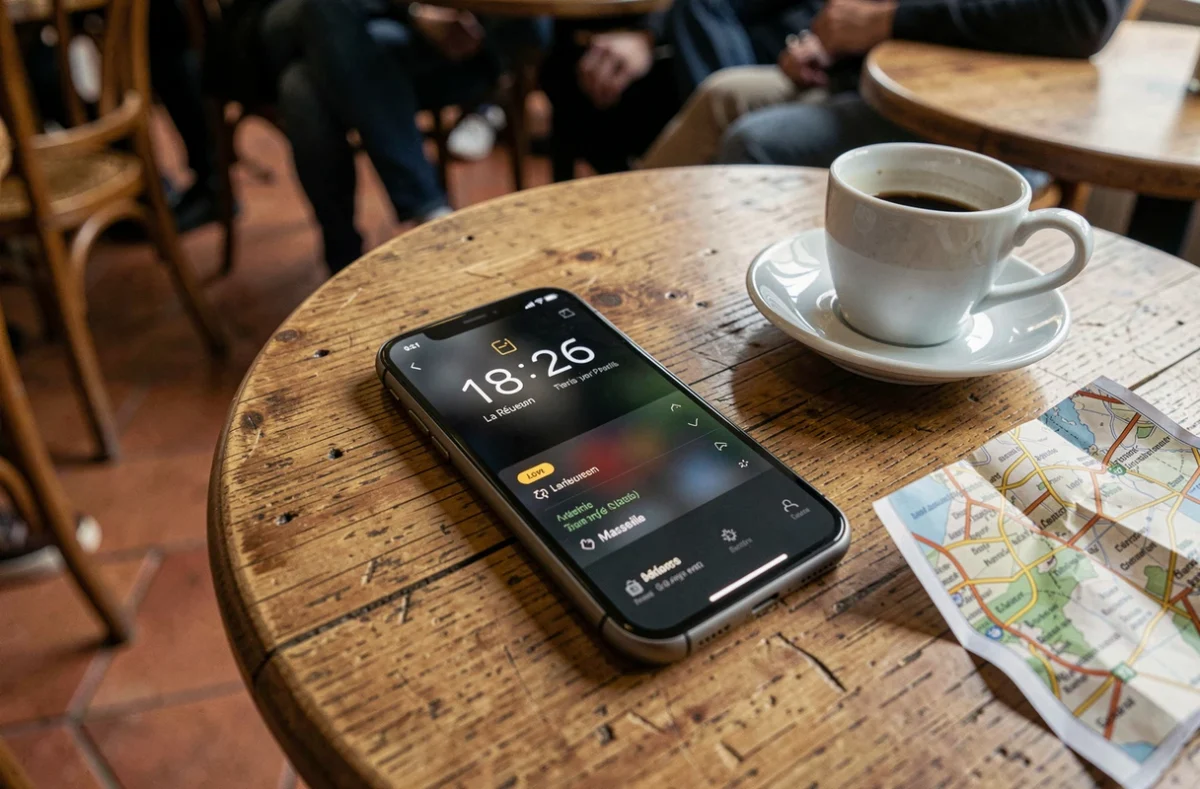 Smartphone posé sur une table de café à Lyon affichant l'heure actuelle de La Réunion et de Paris sur une application d'horloge mondiale
