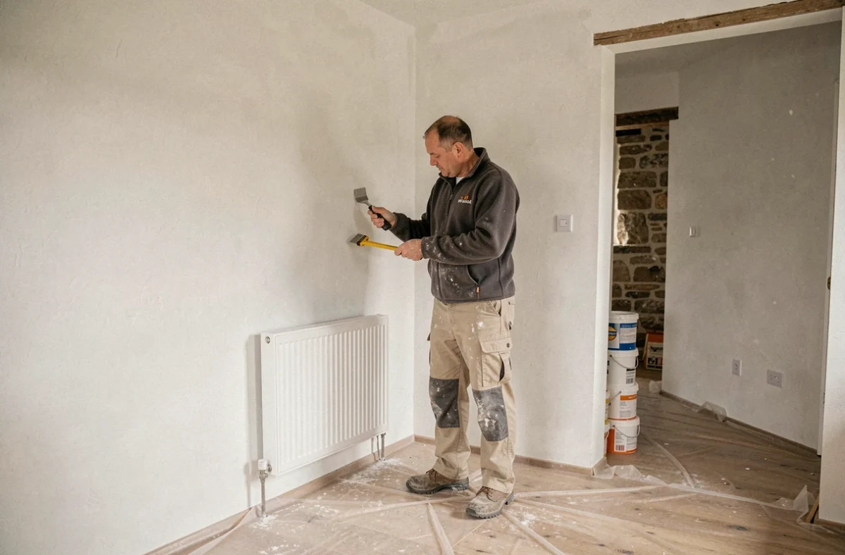Ouvrier HM Renovation posant un nouveau radiateur sur un mur fraîchement plâtré dans une maison rénovée du Finistère