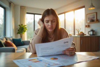 Propriétaire inquiet étudiant documents d'efficacité énergétique dans un salon lumineux