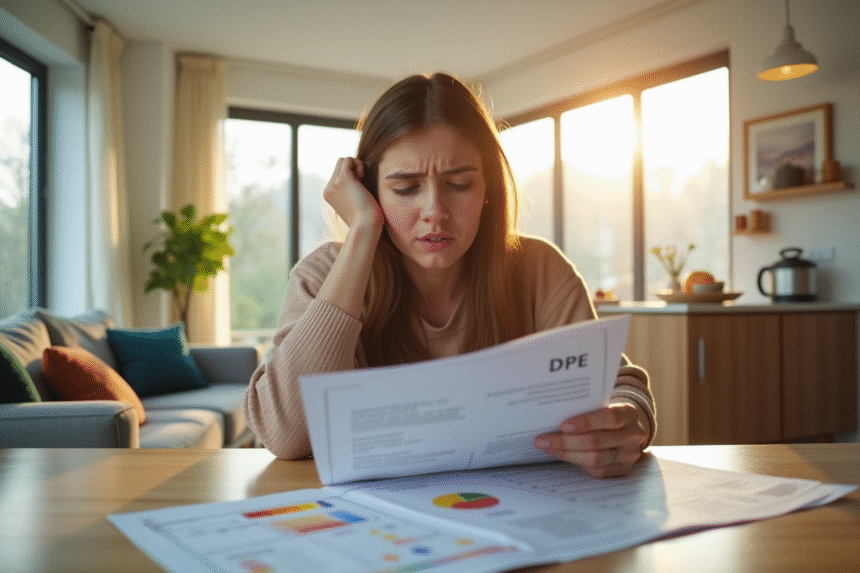 Propriétaire inquiet étudiant documents d'efficacité énergétique dans un salon lumineux