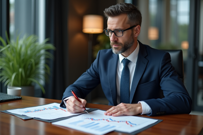 Homme d'affaires en costume bleu examinant des graphiques de change