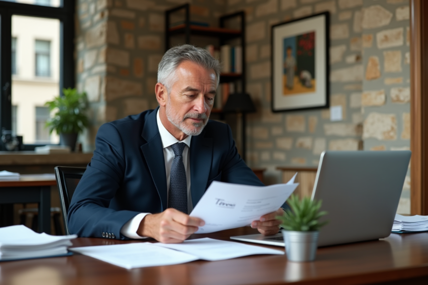Homme d'affaires en costume bleu examine des papiers sur son bureau
