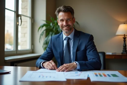 Homme d'affaires souriant en costume bleu dans un bureau moderne