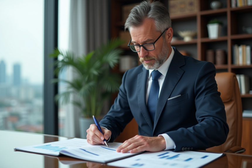 Homme d'affaires en costume bleu examine des rapports financiers