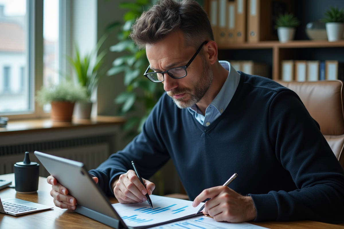 Homme étudiant ses finances avec tablette et documents