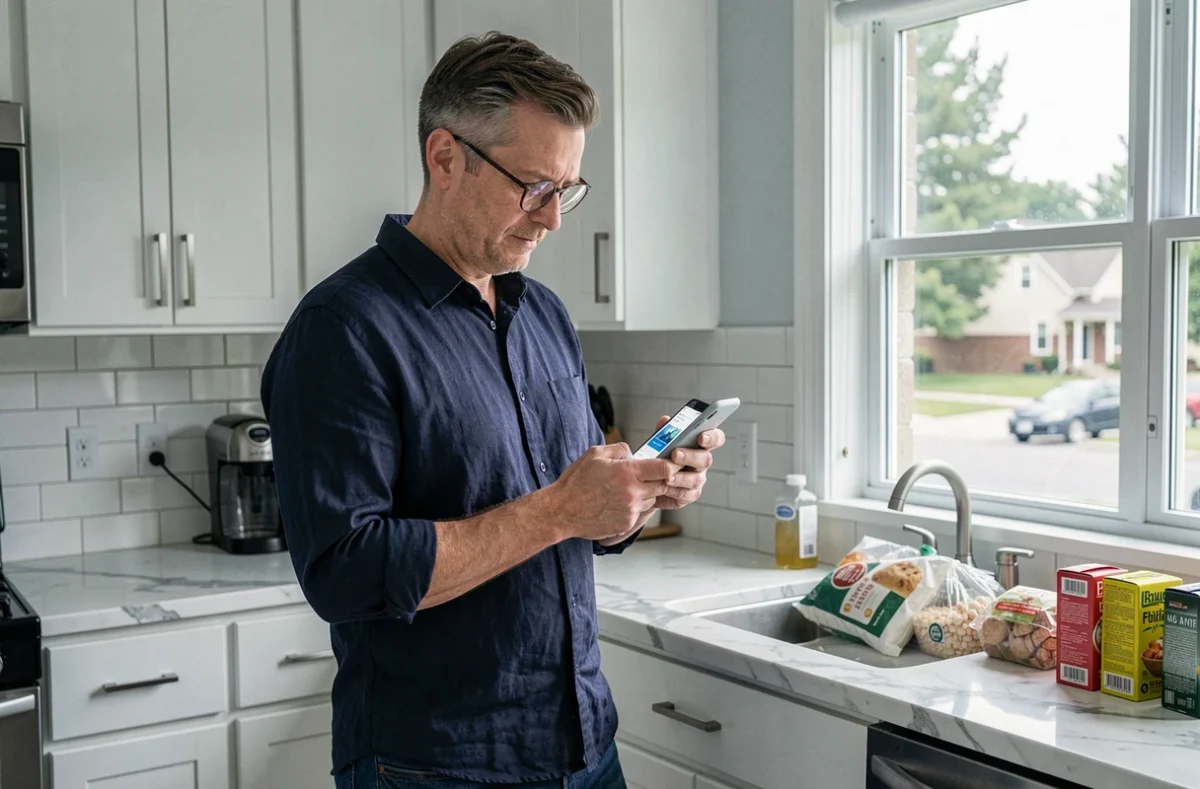 Homme vérifiant une application de bons de réduction sur smartphone dans une cuisine moderne
