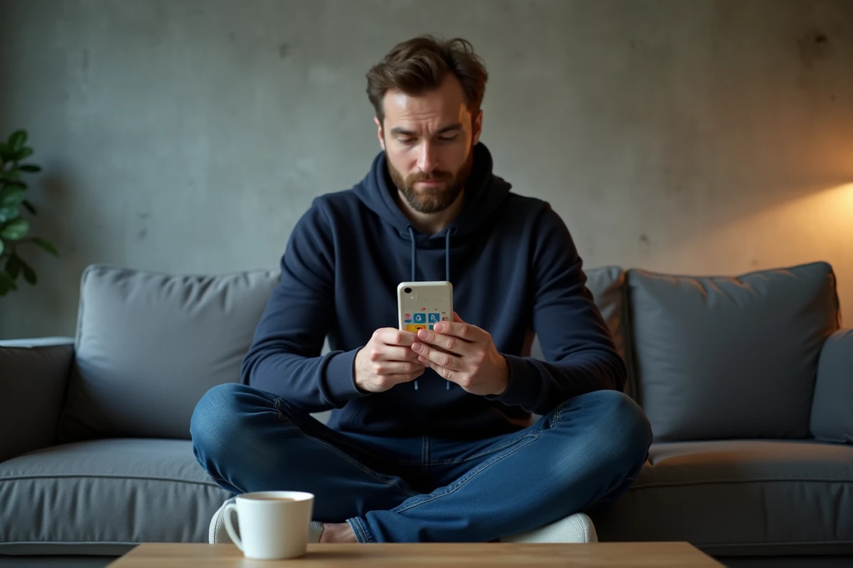 Homme jouant à un jeu de vocabulaire sur smartphone dans un salon moderne, regardant son écran avec une expression de défi amusé