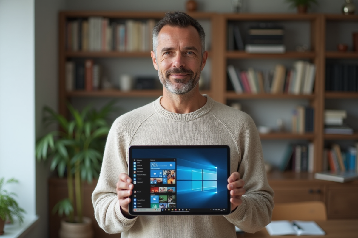 Homme avec une tablette affichant un design coloré