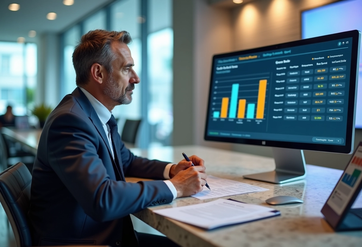 Homme d affaires examinant des graphiques de prêt