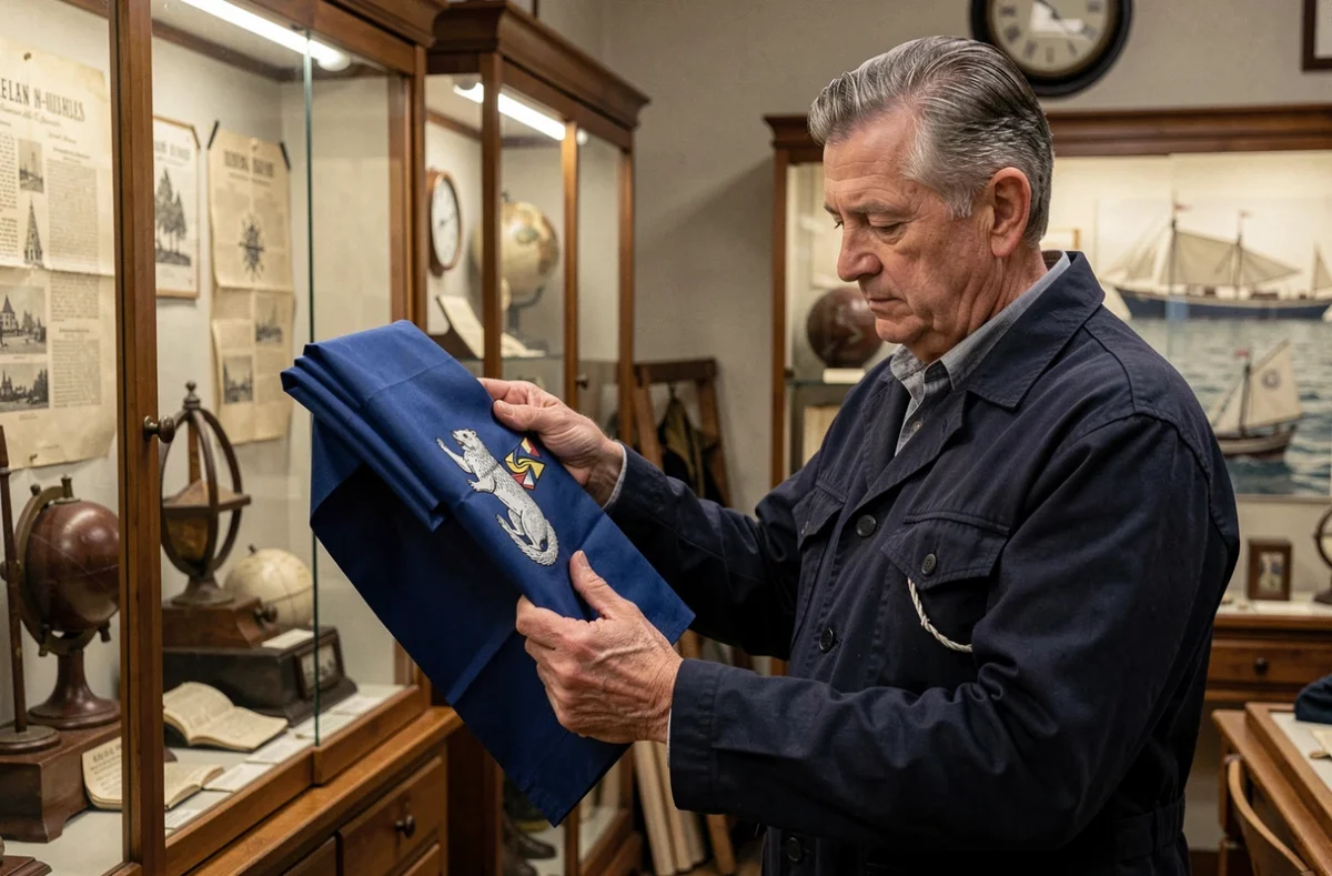 Homme breton tenant un drapeau Gwenn-ha-du dans un musée du patrimoine maritime breton