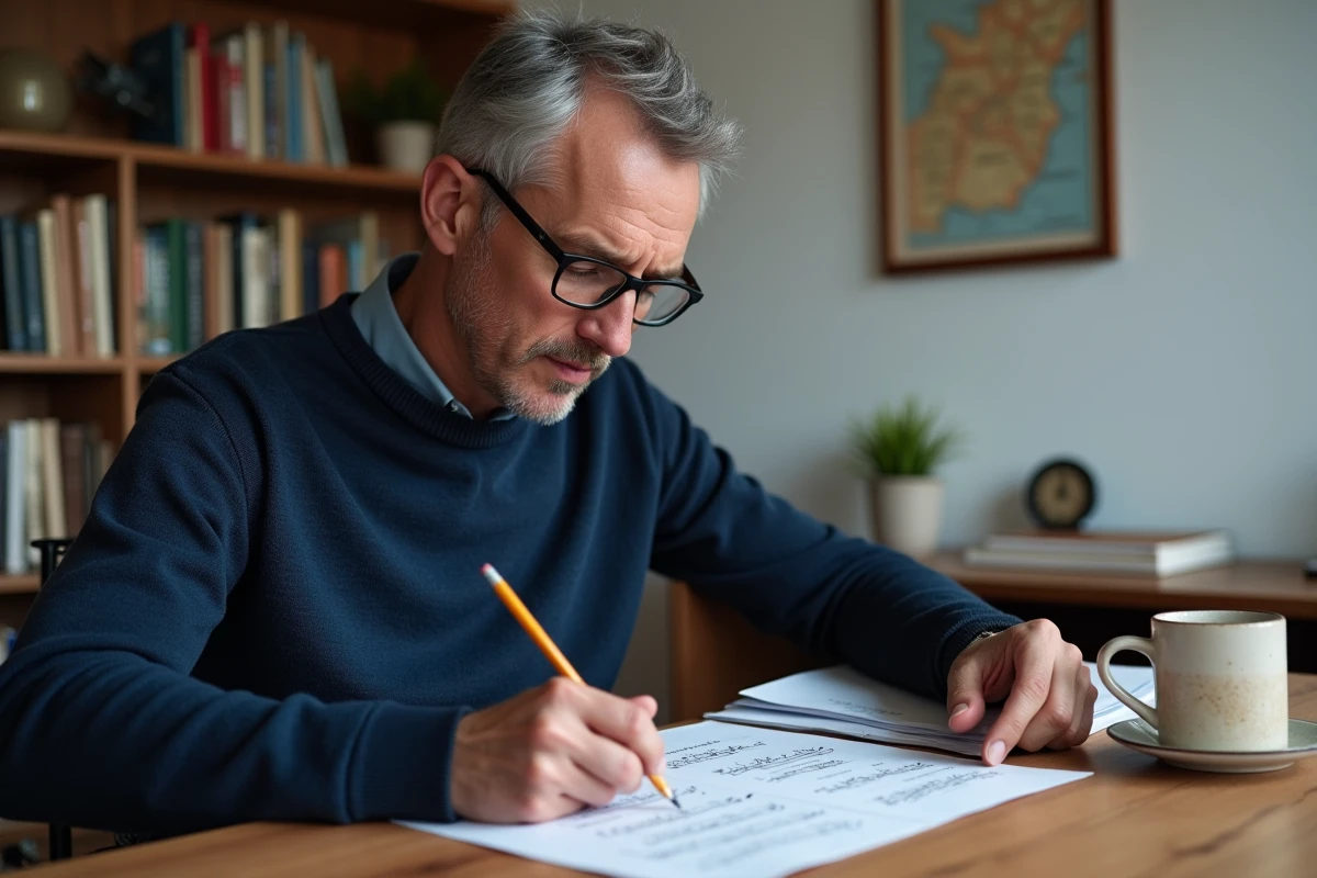 Homme apprenant seul les paroles de La Strasbourgeoise à son bureau à la maison avec des notes manuscrites