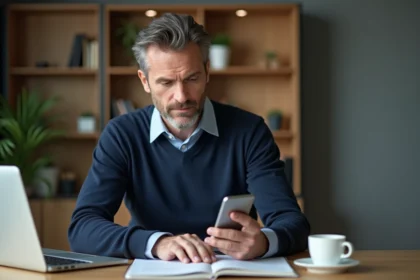 Homme d'âge moyen au bureau avec smartphone et décor moderne
