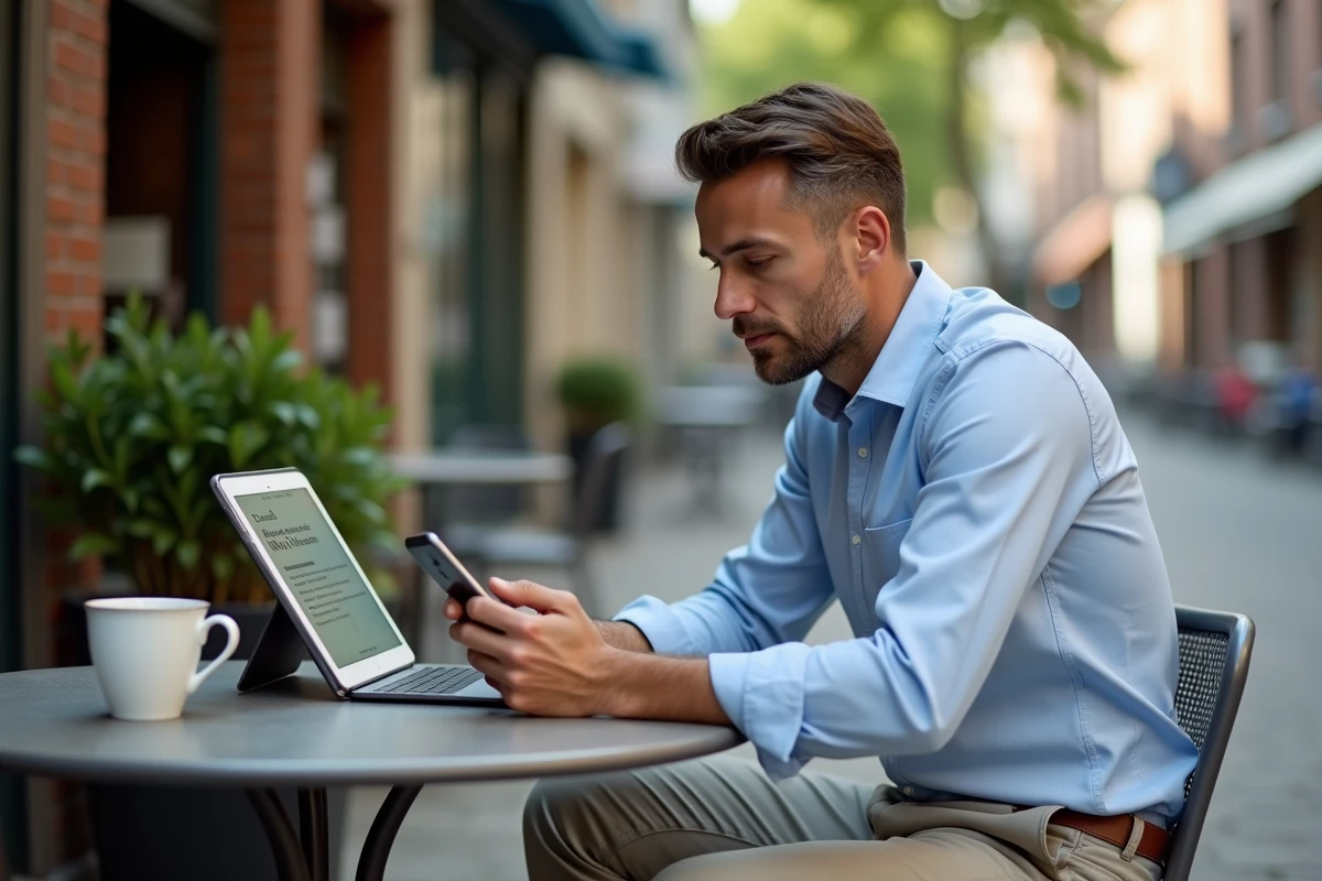 Homme au café lisant sur smartphone dans une rue européenne