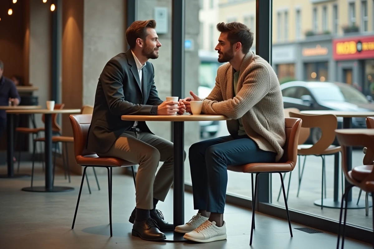Homme en knitwear détendu dans un café moderne