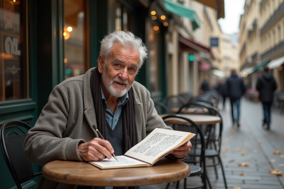 Homme âgé lisant paroles de chansons dans un café parisien
