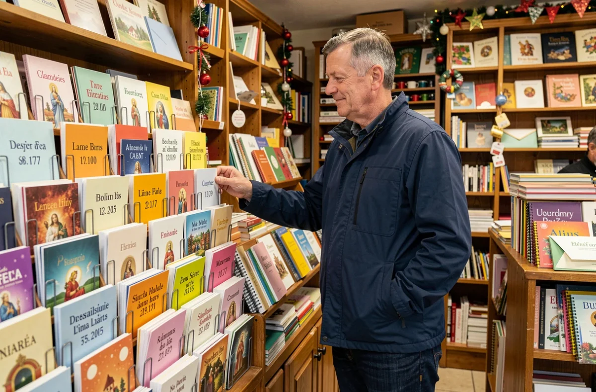 Homme choisissant une carte de vœux pour une fête dans une papeterie française