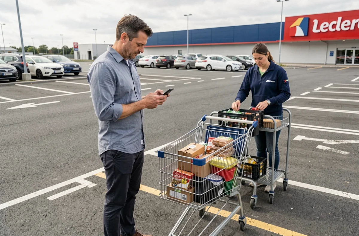 Homme récupérant sa commande drive au supermarché Leclerc après une journée de travail
