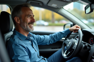 Homme d'âge moyen dans une voiture moderne souriant