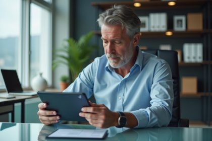 Homme d'affaires regardant une tablette dans un bureau moderne
