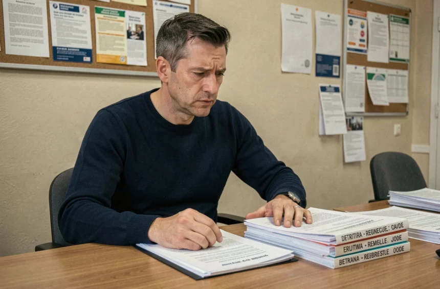 Homme consultant des documents administratifs France Travail dans un bureau officiel