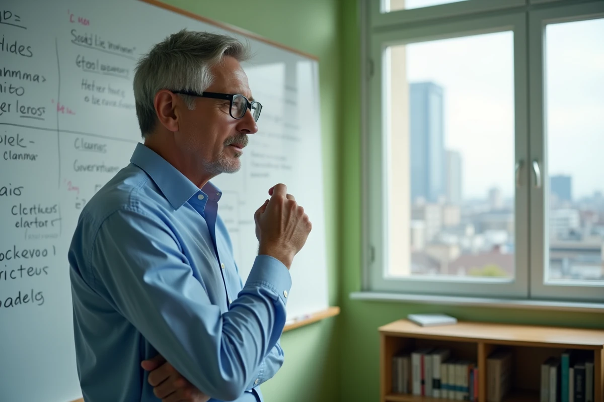 Homme étudiant la grammaire française devant un tableau blanc