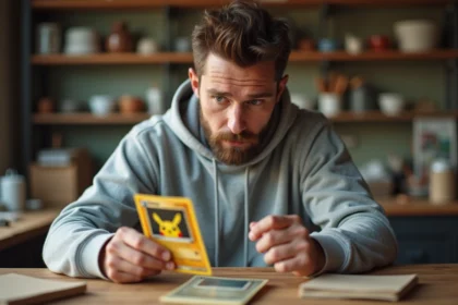 Un homme examine attentivement une carte Pokémon rare tenue entre ses doigts, assis à une table de cuisine entourée de classeurs de cartes vintage